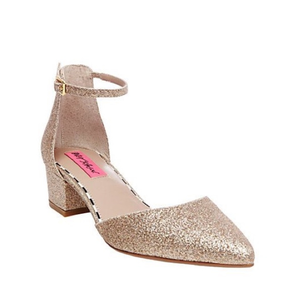 Betsey Johnson Maibel Gold Glitter Point Toe Ankle Strap Block Heels Size 6.5